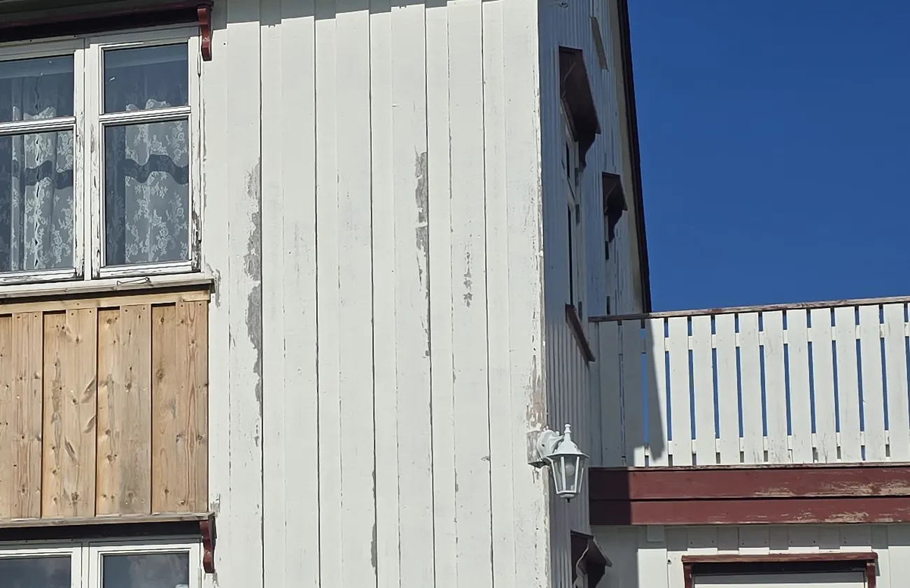 Nærbilde av hvitmalt panel som flasser, ved et felt med nytt treverk